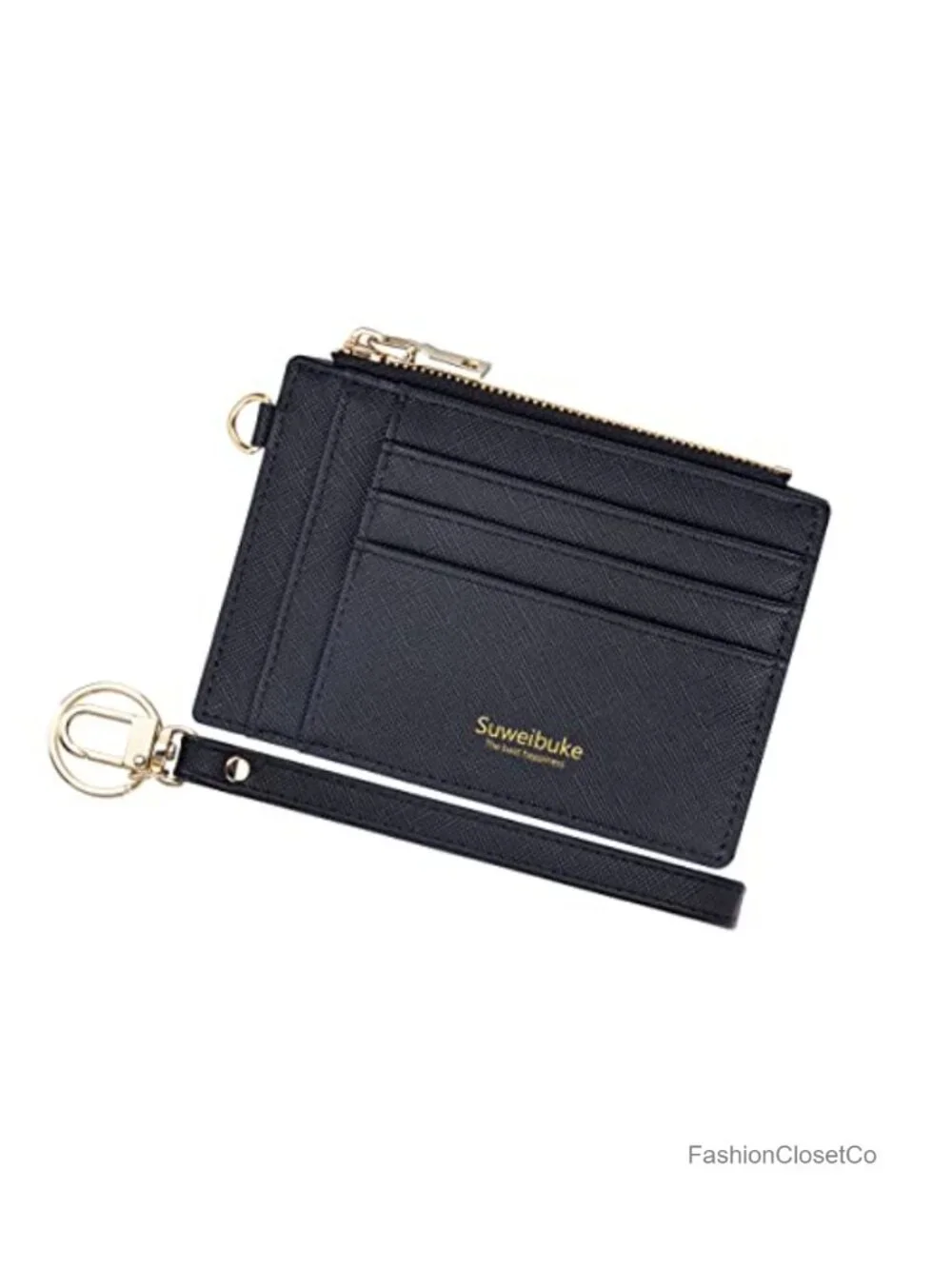 Slim RFID Blocking Leather Zip Wristlet Card Case Wallet with Keychain
